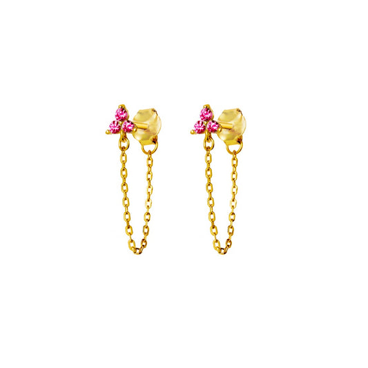 Gold Chain Stud Earrings - Ruby Pink