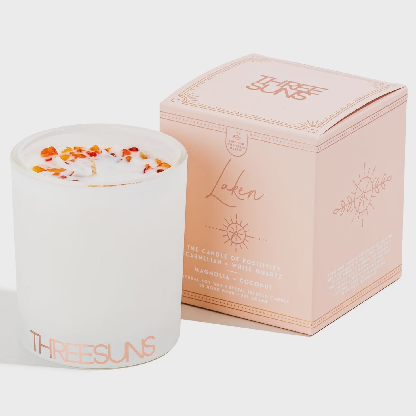 Laken | Candle Of Positivity | Carnelian & White Quartz - Magnolia & Coconut