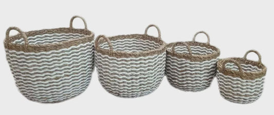 Set of 4 White Stripe Round Seagrass Planters